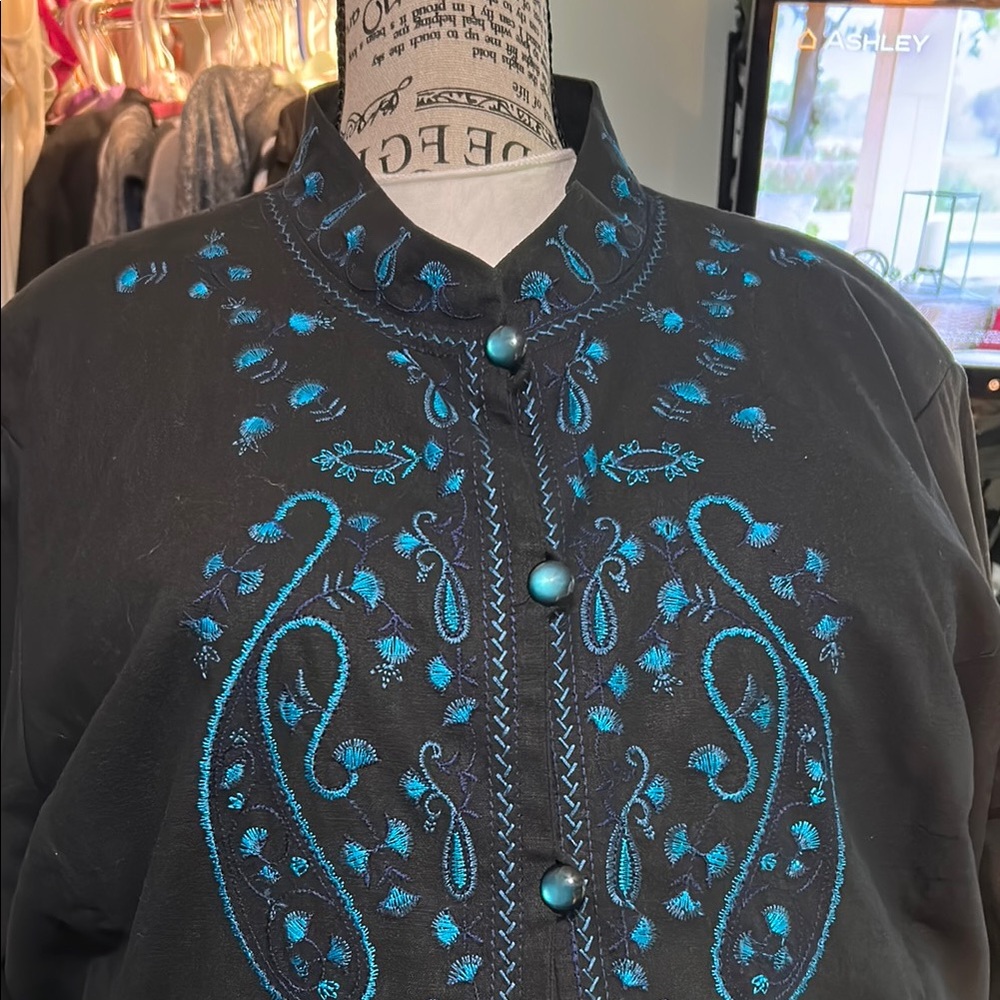 Embroidered Black Blazer with Blue Accents